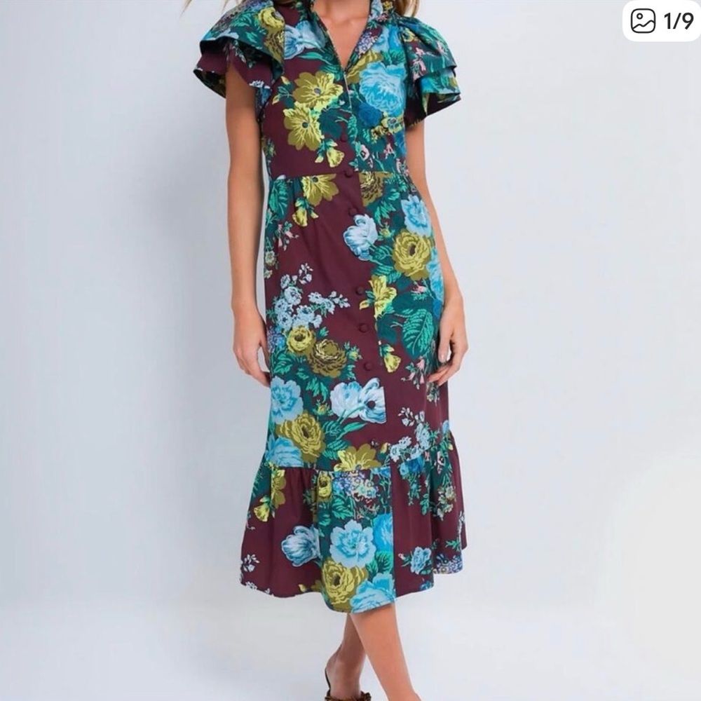New Tuckernuck Burgundy Floral Midi Dress with Teal & Green Blooms